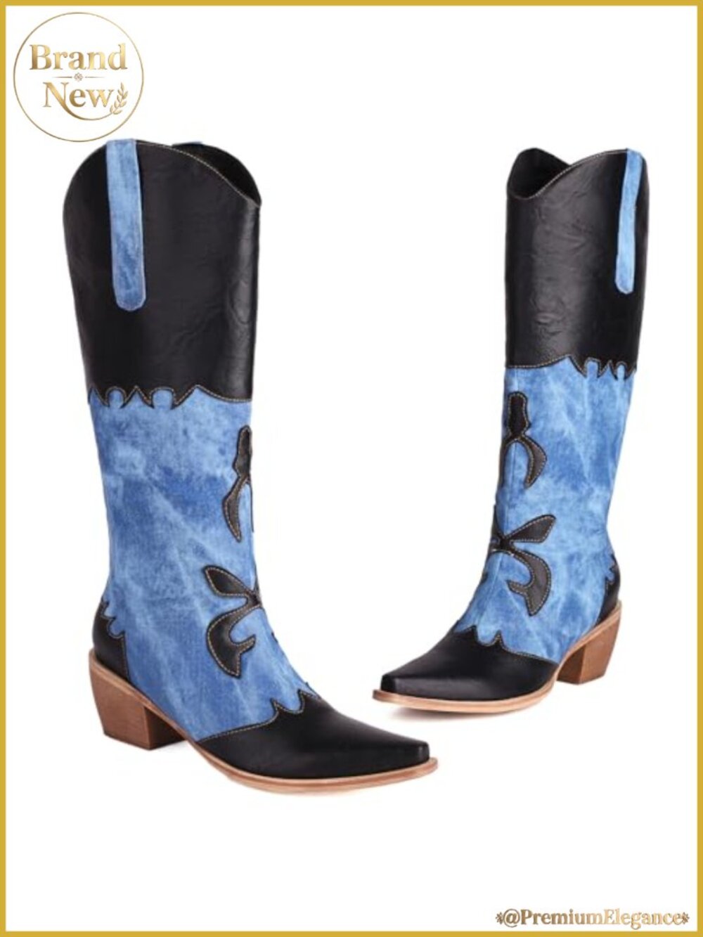 Pointed Toe Pull On Knee High Cowboy Boots Chunky Heel Denim Boots